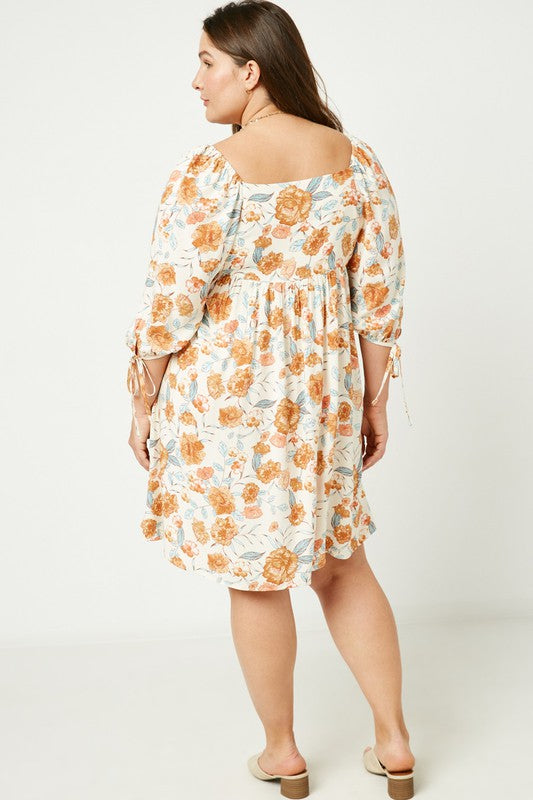 Plus Size Romantic Floral Tie Sleeve Mini Dress