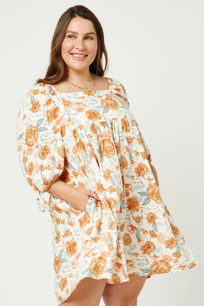 Plus Size Romantic Floral Tie Sleeve Mini Dress