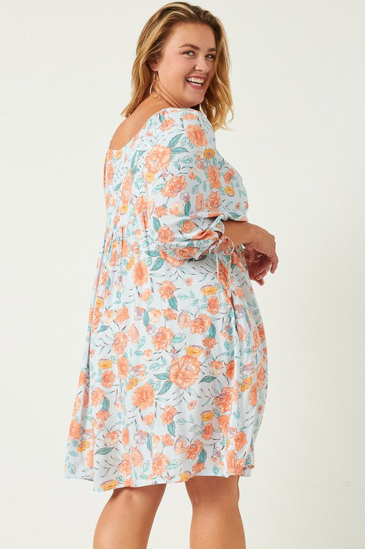 Plus Size Romantic Floral Tie Sleeve Mini Dress