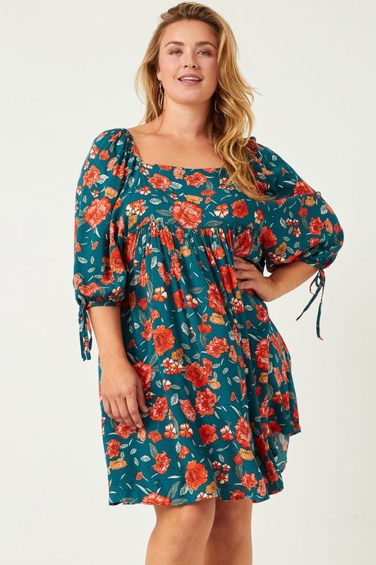 Plus Size Romantic Floral Tie Sleeve Mini Dress