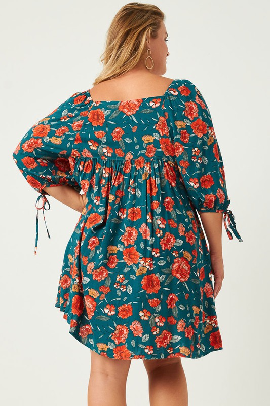 Plus Size Romantic Floral Tie Sleeve Mini Dress