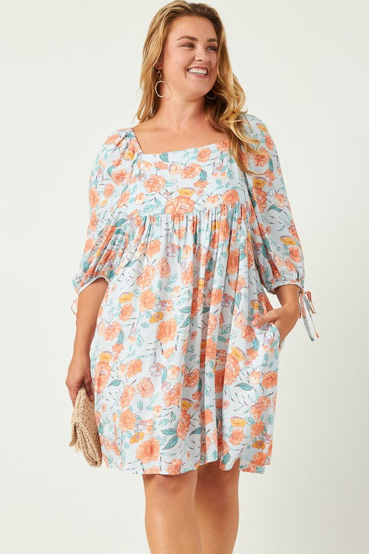 Plus Size Romantic Floral Tie Sleeve Mini Dress