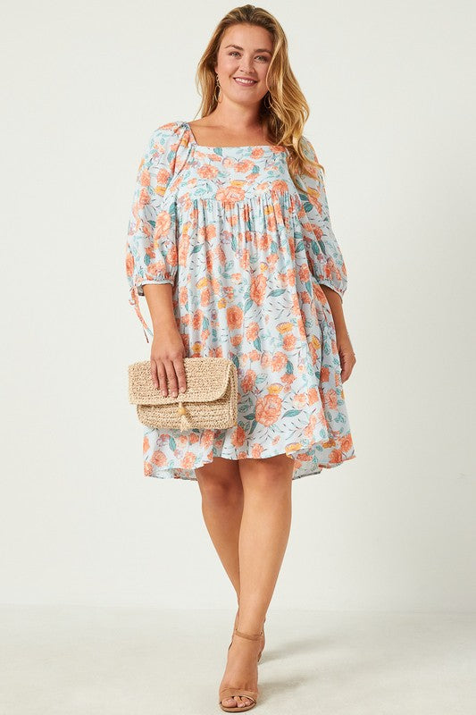 Plus Size Romantic Floral Tie Sleeve Mini Dress