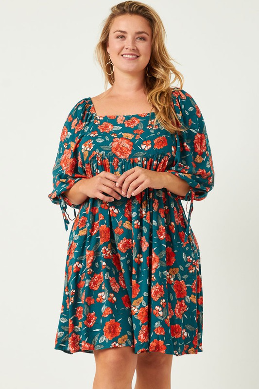 Plus Size Romantic Floral Tie Sleeve Mini Dress