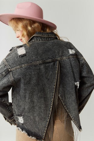 Black Denim washed jacket with sparkle Fringe