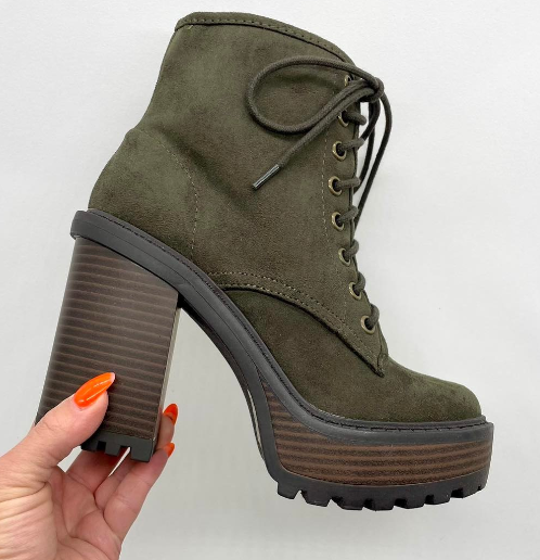 Army Color Boots Chunky Heels Lace Up