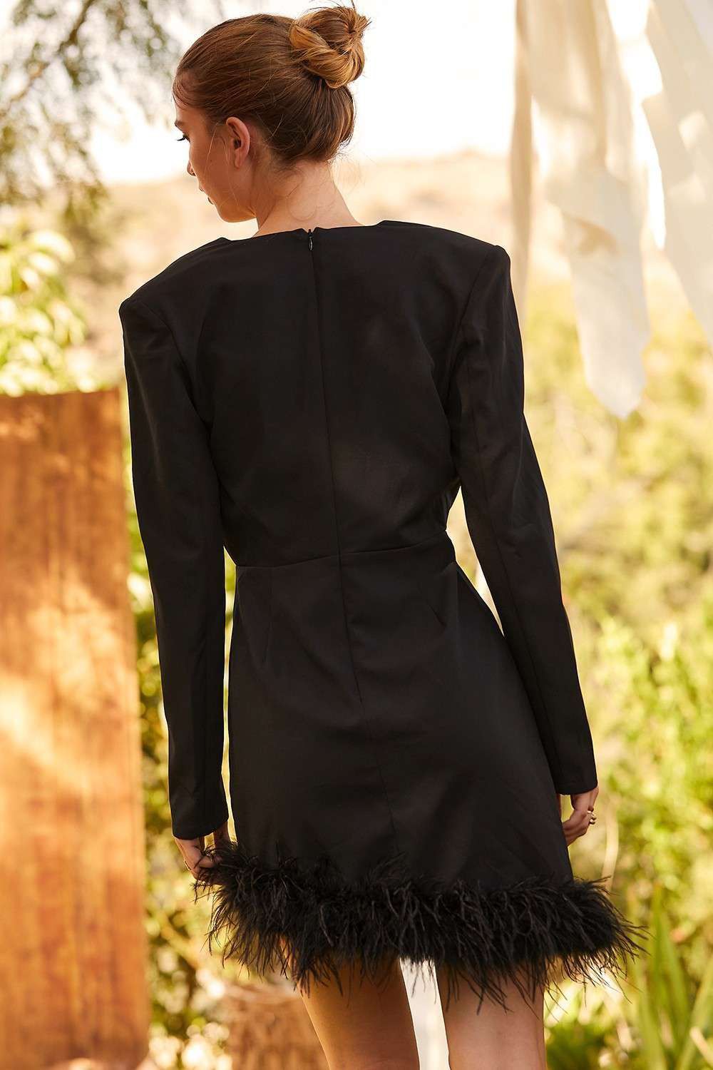 Long Sleeve Shoulder With Feather Trim Solid Dress